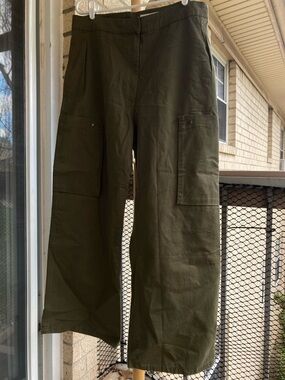 Zara Green Utility Pants Carpenter Cargo Painters Pants Pockets Wide Leg Cotton